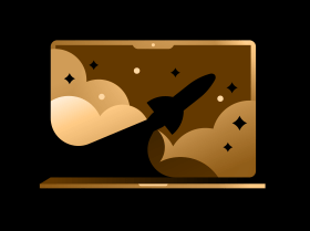 Illustration of a laptop displaying an image of a launching rocket