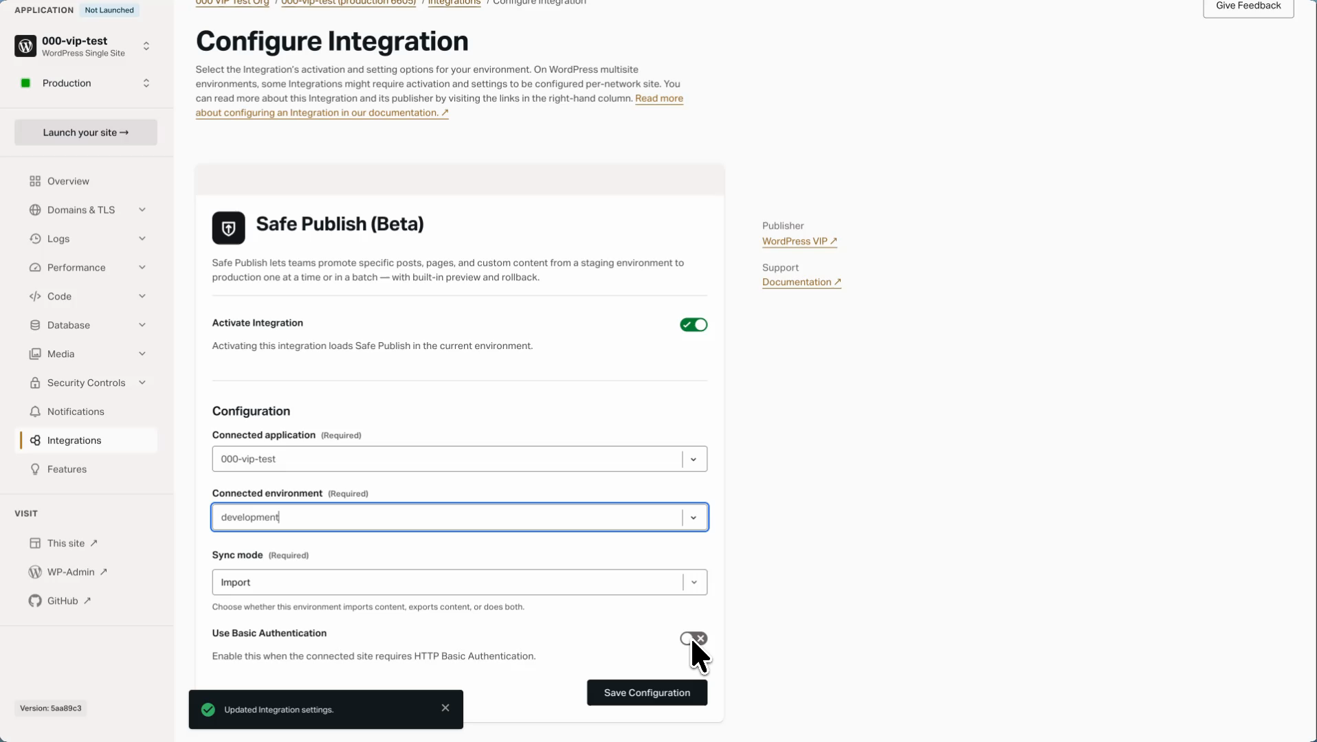 The Configure Integration page for Safe Publish in the VIP Dashboard, showing the Activate Integration toggle and the Configuration fields for Connected application, Connected environment, Sync mode, and Use Basic Authentication.