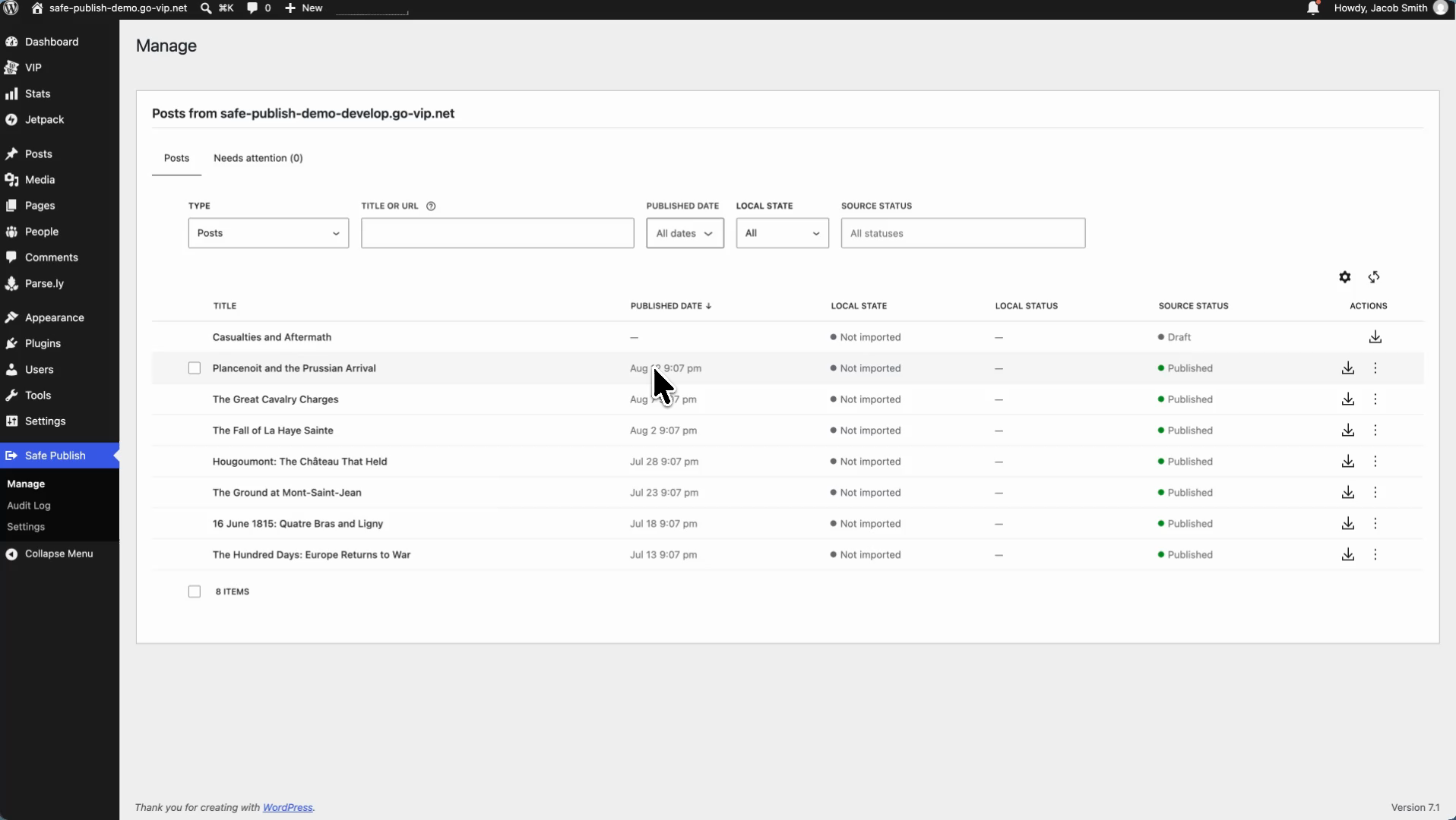 The Safe Publish Manage screen in WP Admin, listing source posts with their published date, local state, local status, and source status.