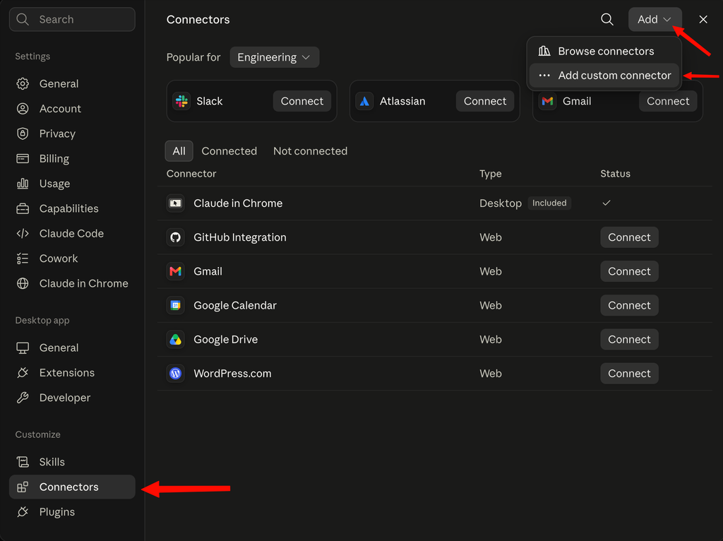 A screenshot of Claude Desktop showing the Add custom connector option