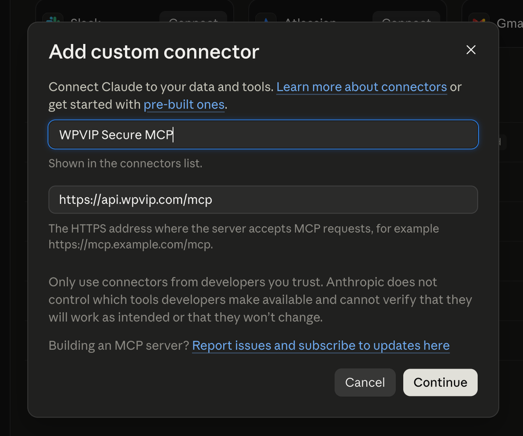 A Screenshot of Claude Desktop showing the Add custom connection configuration.