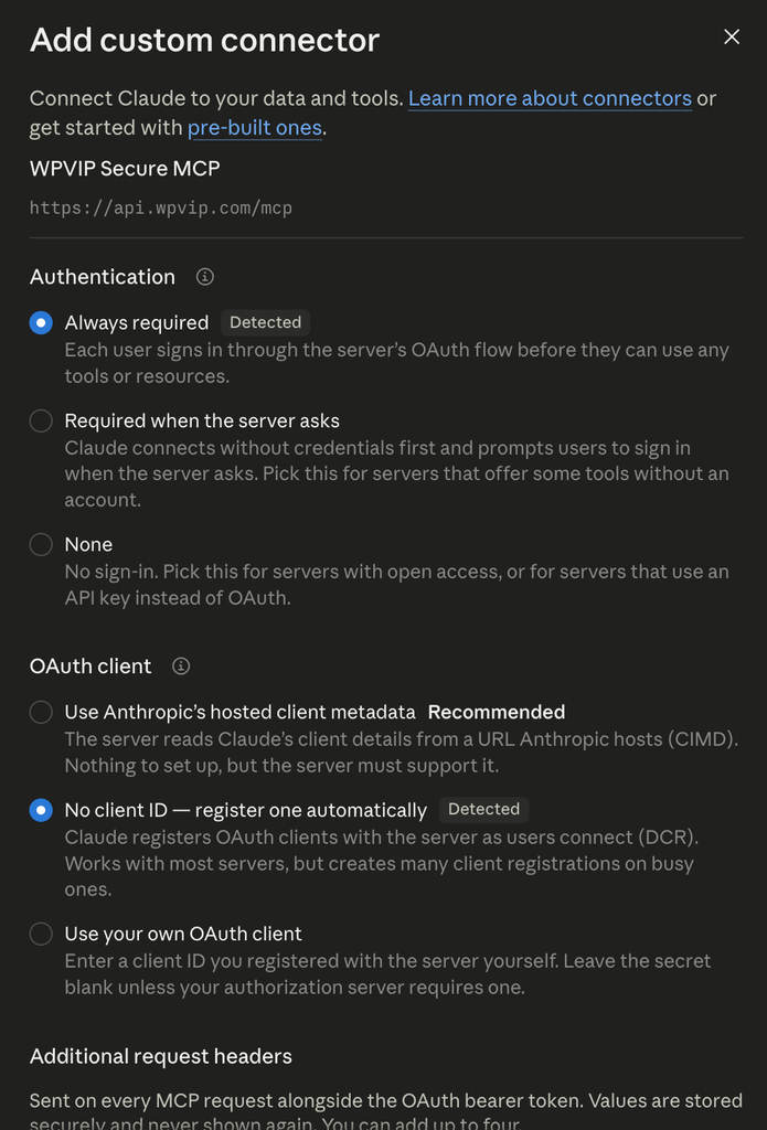 A screenshot of Claude Desktop showing the Authentication and OAuth client configuration for a custom connector.