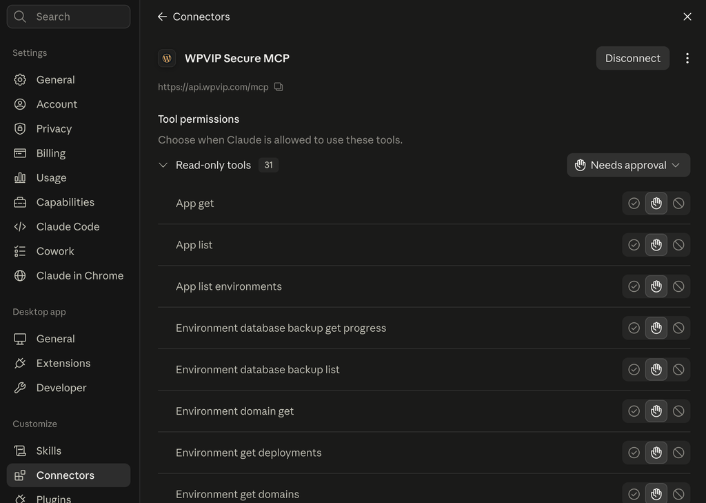 A screenshot of Claude Desktop showing the Tool permissions screen.